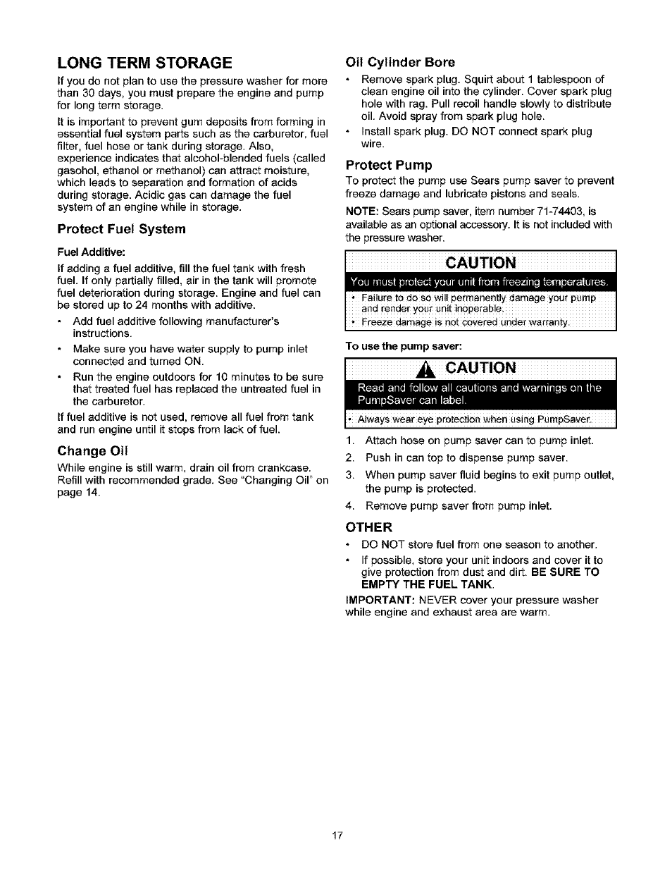 Long term storage, Protect fuel system, Change off | Oii cylinder bore, Protect pump, A gaution, Other, Gaution | Craftsman 580.753000 User Manual | Page 17 / 48