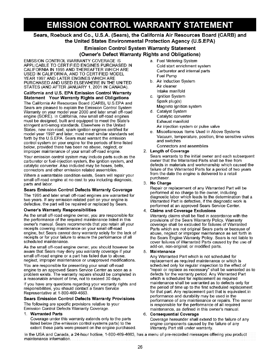 Emission control warranty statement | Craftsman 580.753000 User Manual | Page 26 / 48