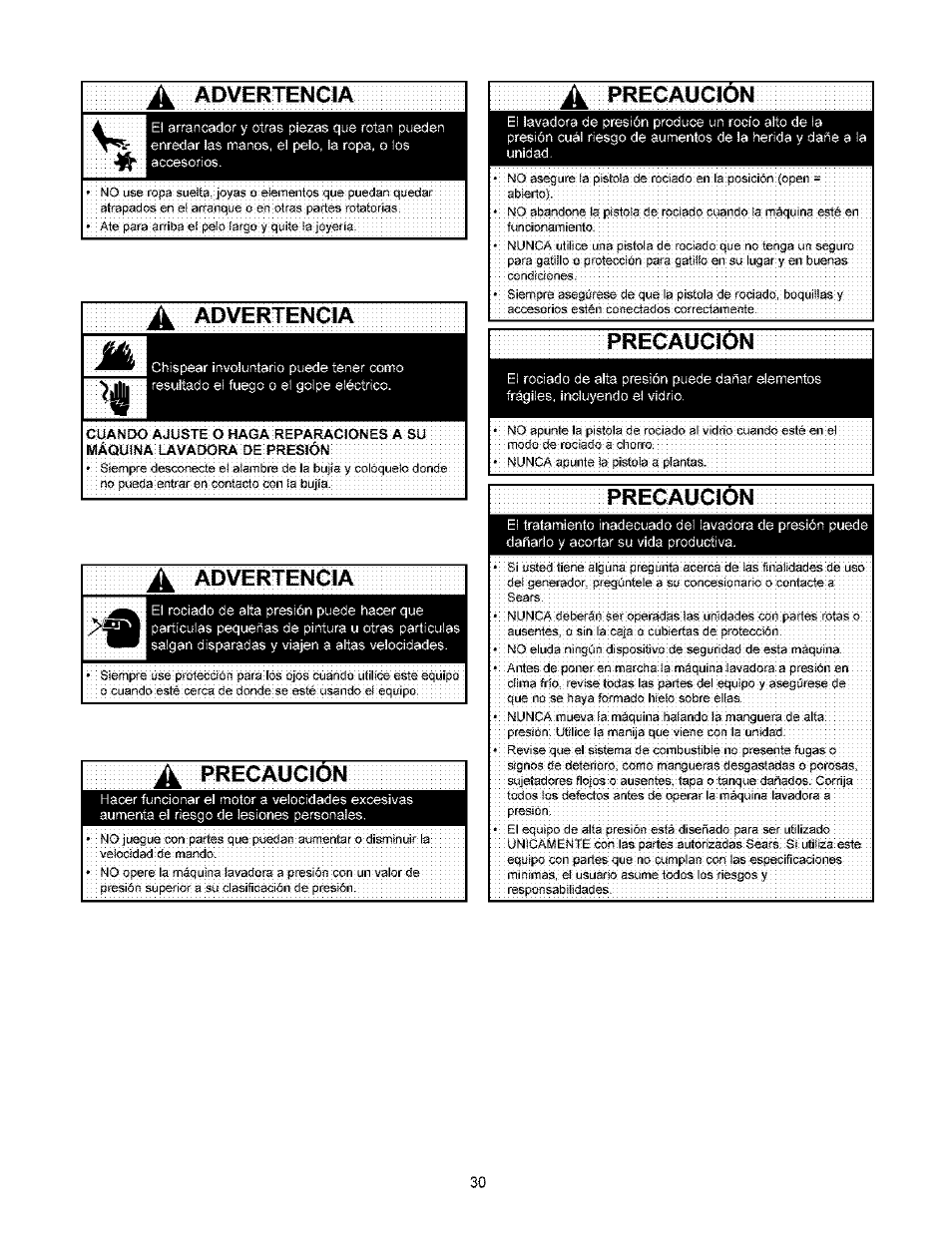 A advertencia, Advertencia, A precaucion | Precaucion, 1 ^ preca uc ion 1 | Craftsman 580.753000 User Manual | Page 30 / 48