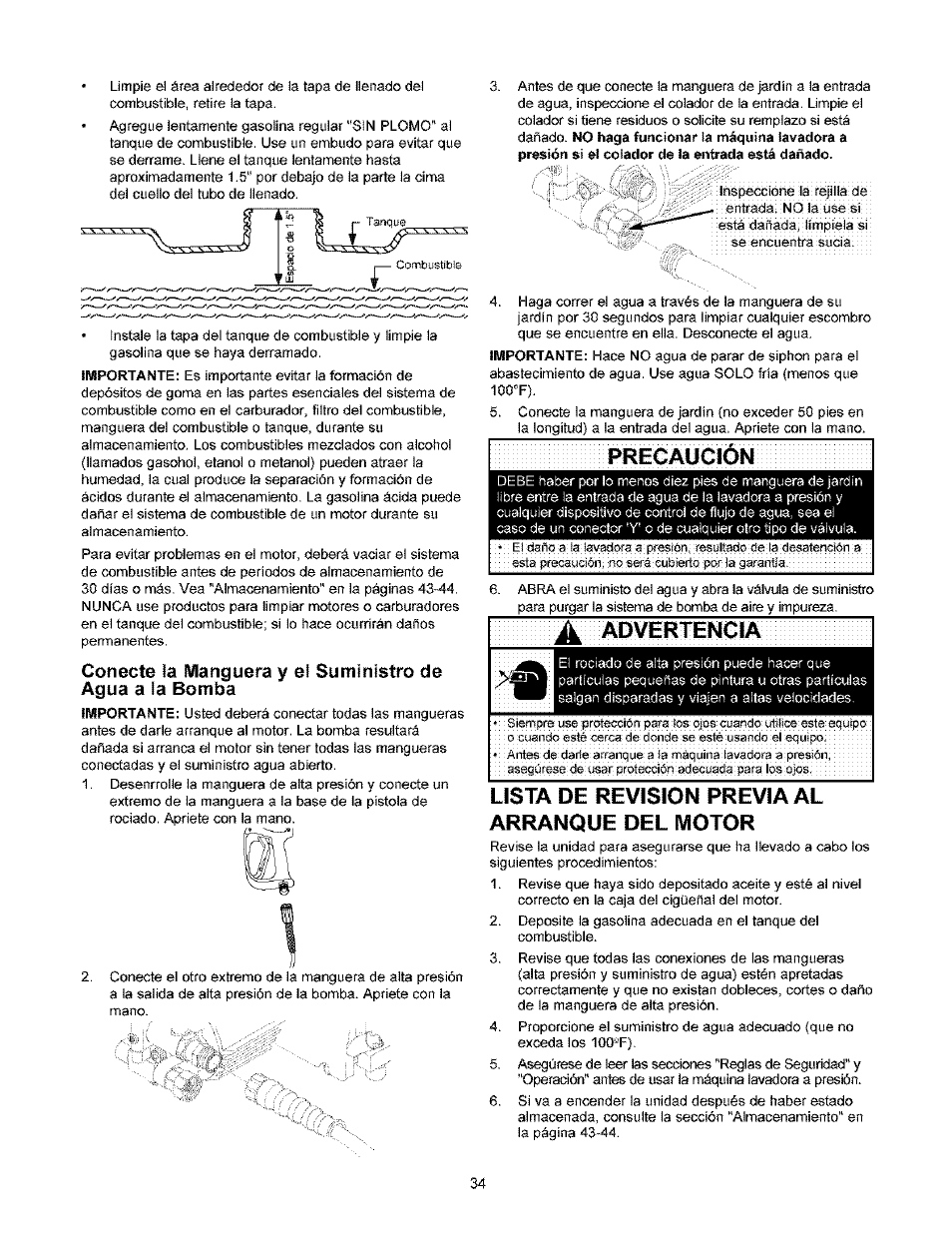 Advertencia, Lista de revision previa al arranque del motor | Craftsman 580.753000 User Manual | Page 34 / 48