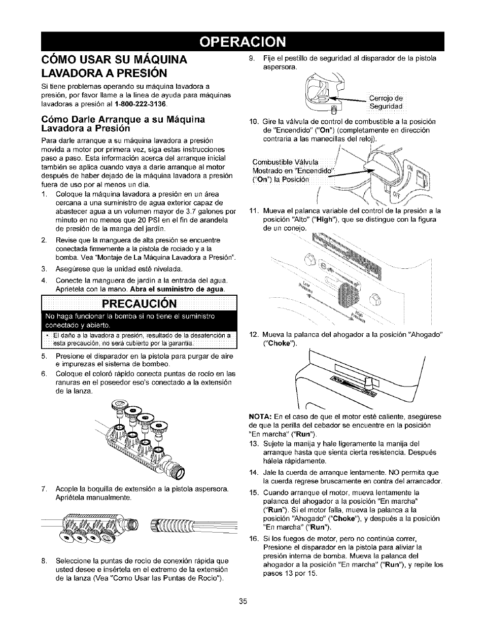 Operacion, Como usar su maquina lavadora a presión | Craftsman 580.753000 User Manual | Page 35 / 48