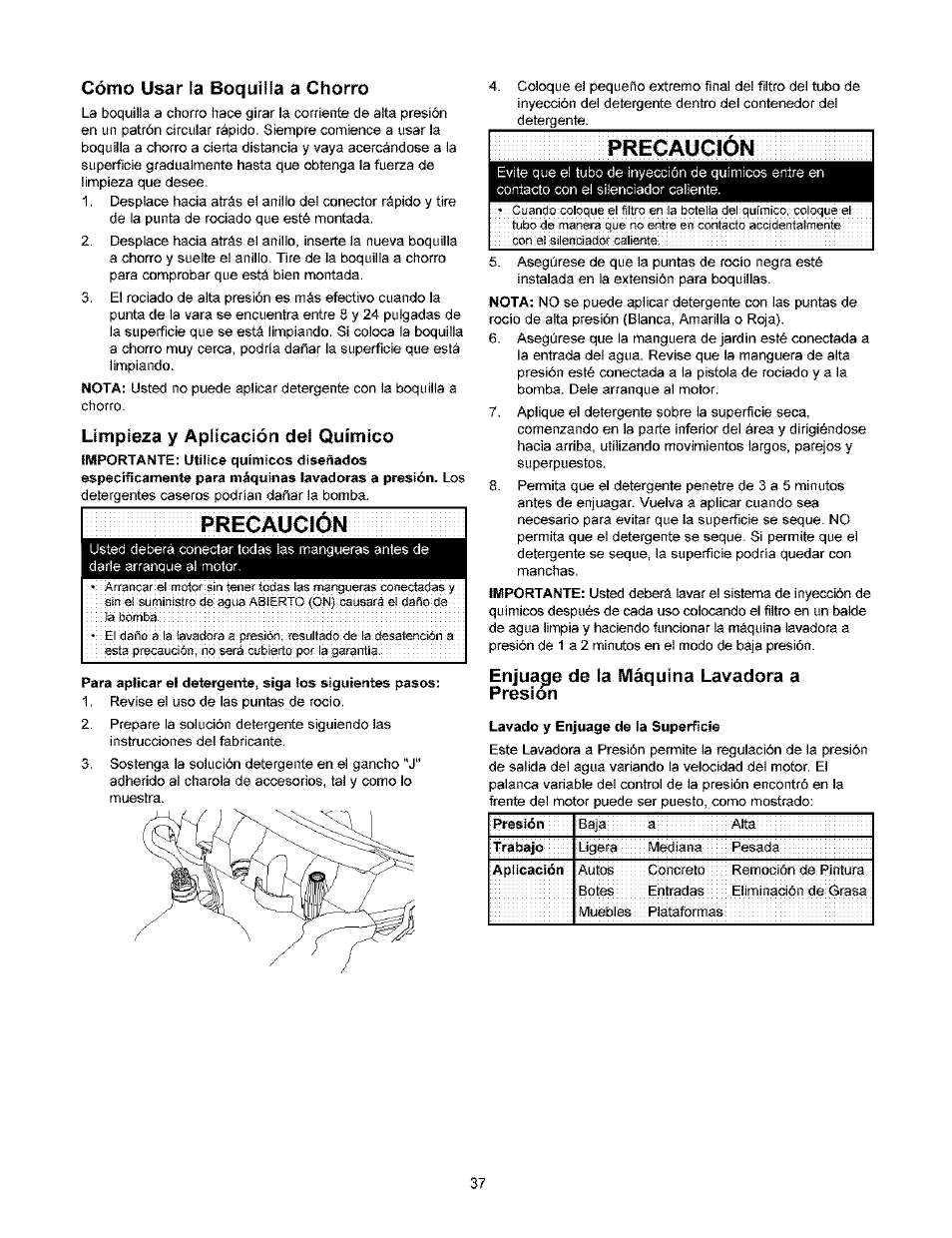 Cómo usar la boquilla a chorro, Limpieza y apficactón del químico, Precaucion | Enjua^e de la máquina lavadora a presión | Craftsman 580.753000 User Manual | Page 37 / 48