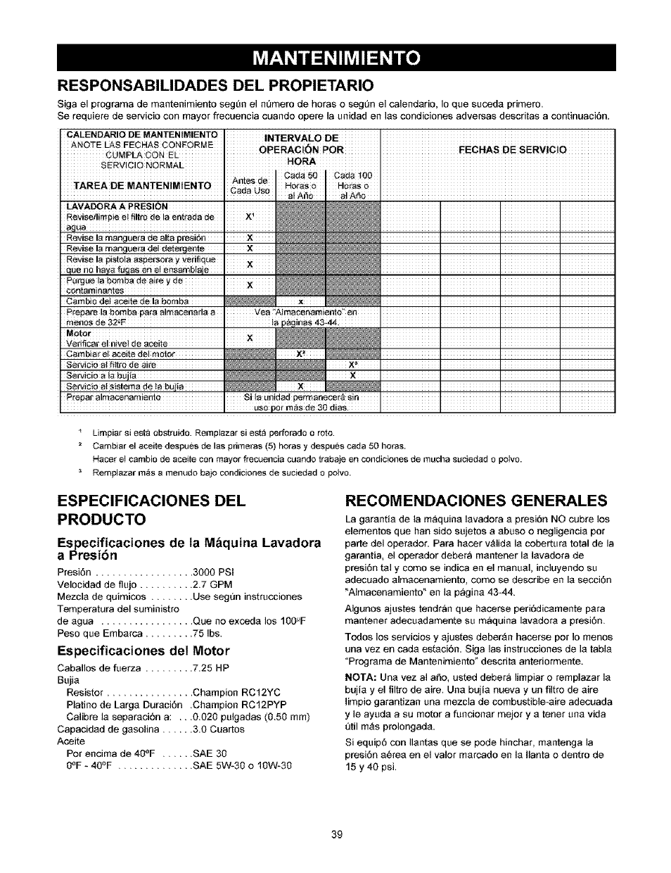 Responsabilidades del propietario, Especificaciones del producto, E^ecfficaciones de la máquina lavadora a presión | Especificaciones dei motor, Recomendaciones generales, Mantenimiento | Craftsman 580.753000 User Manual | Page 39 / 48