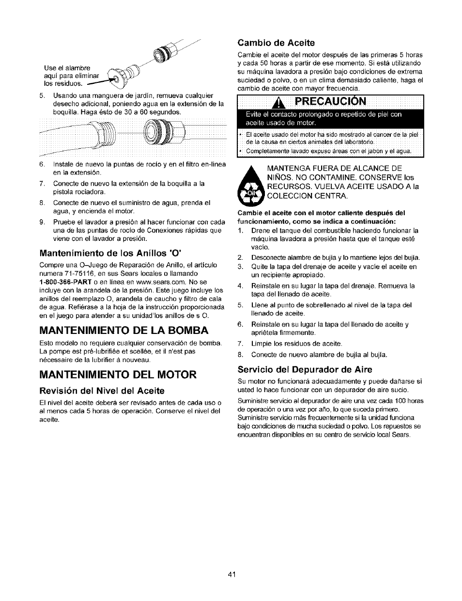 Mantenimiento de los anilfos 'o, Mantenimiento de la bomba, Mantenimiento del motor | Revisión del nivel del aceite, Cambio de aceite, A pregaügion, Servicio del depurador de aire, Pregaügion | Craftsman 580.753000 User Manual | Page 41 / 48