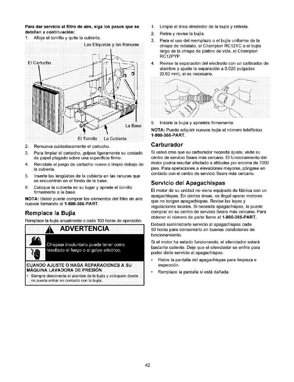 Remplace la bujía, Carburador, Servicio del apagachispas | Craftsman 580.753000 User Manual | Page 42 / 48