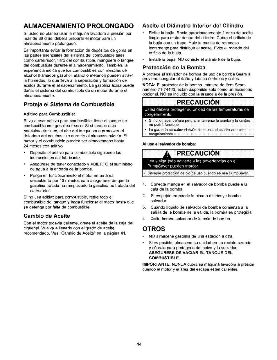 Proteja ef sistema de combustible, Cambio de aceite, Protección de la bomba | A pregaueion, Otros, Almacenamiento prolongado, Rregaueion, Pregaueion | Craftsman 580.753000 User Manual | Page 44 / 48