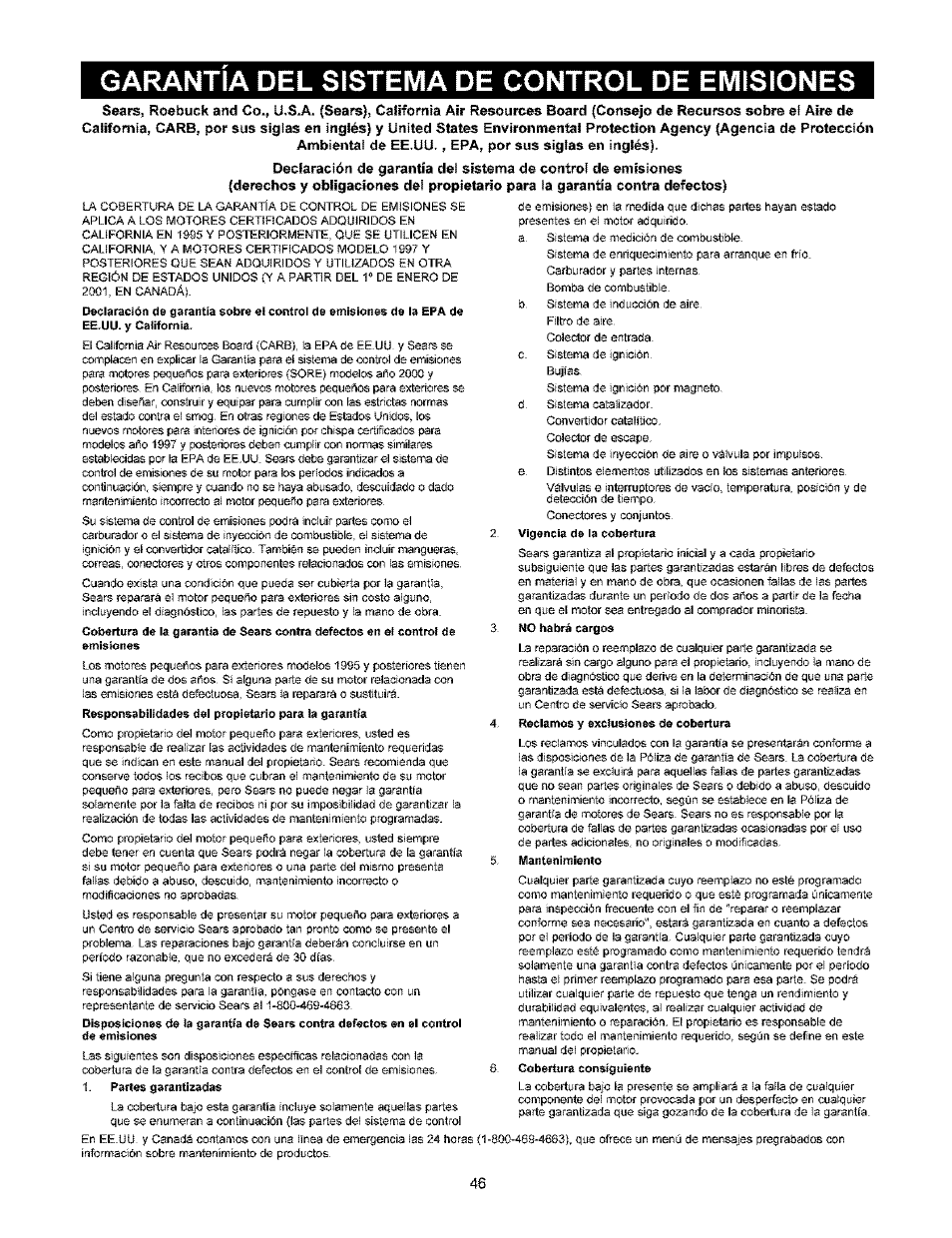 Garantia del sistema de control de emisiones | Craftsman 580.753000 User Manual | Page 46 / 48