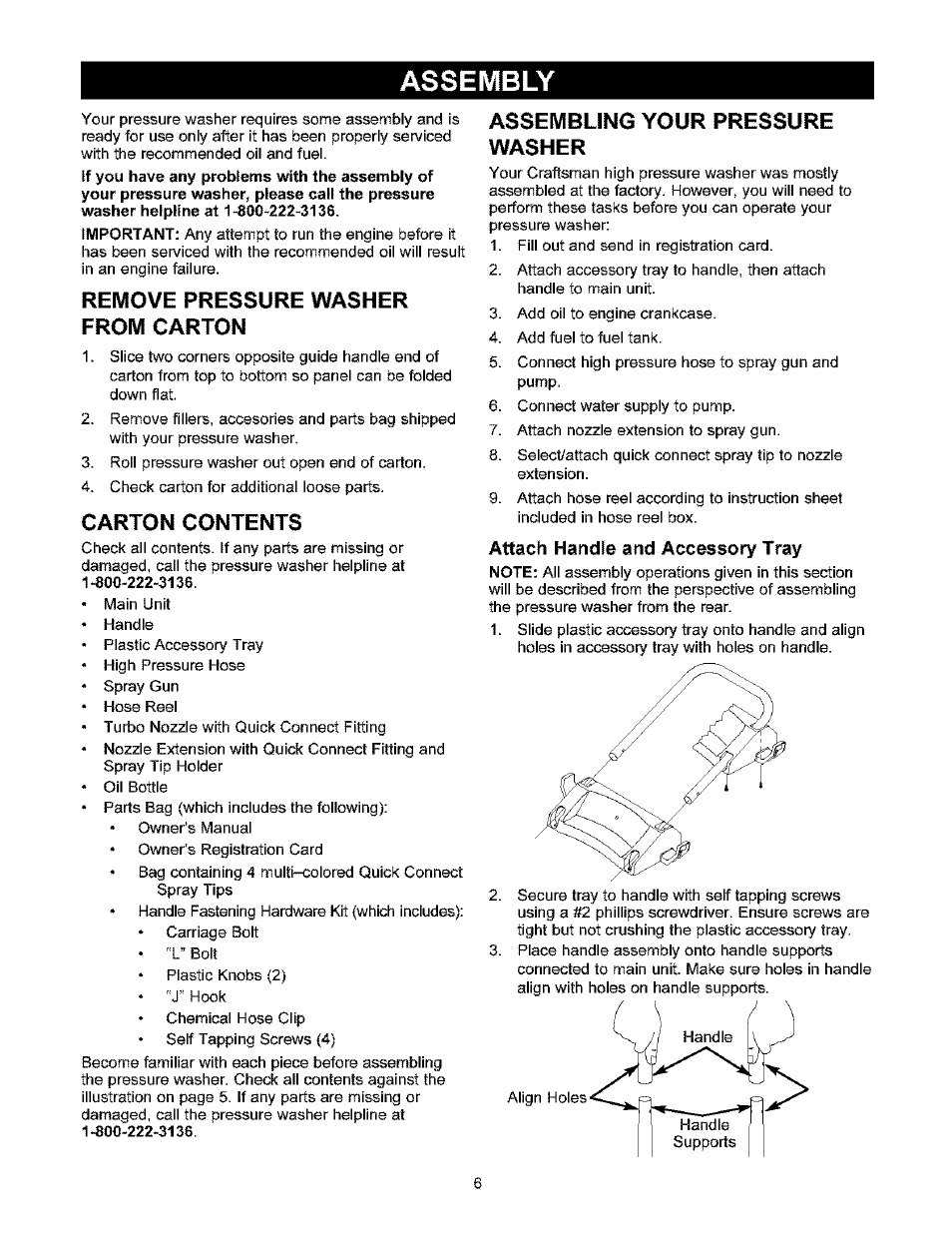 Remove pressure washer from carton, Carton contents, Assembling your pressure washer | Attach handle and accessory tray, Assembly | Craftsman 580.753000 User Manual | Page 6 / 48