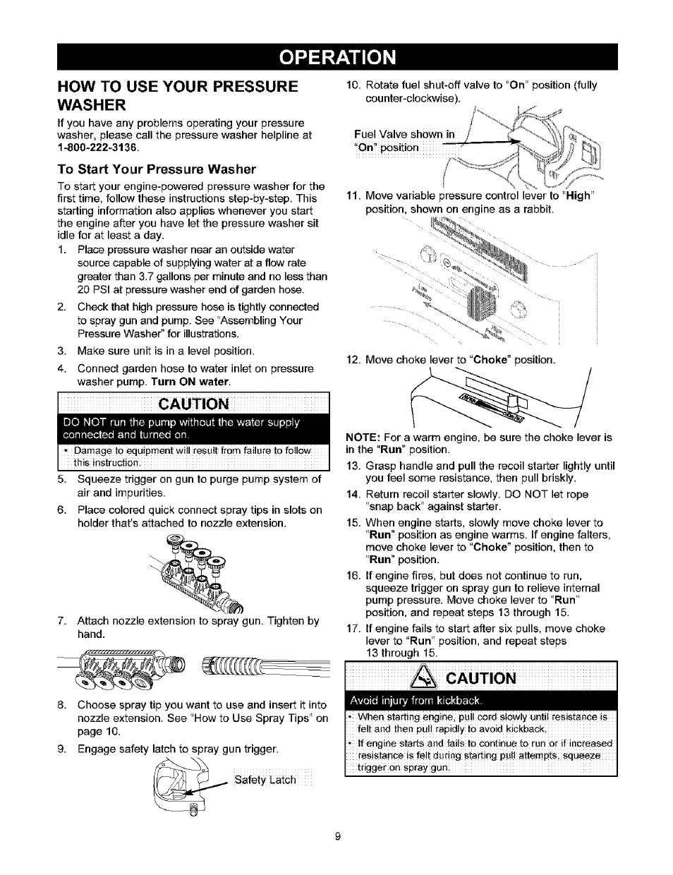 How to use your pressure washer, To start your pressure washer, Gaution | Operation | Craftsman 580.753000 User Manual | Page 9 / 48