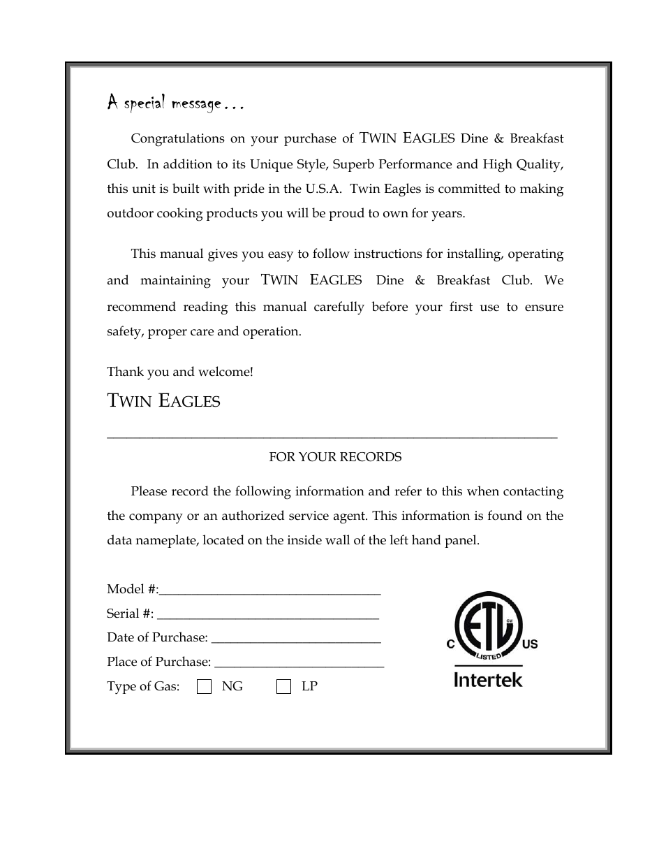 A special message | Twin Eagles TEBC30-B User Manual | Page 2 / 19