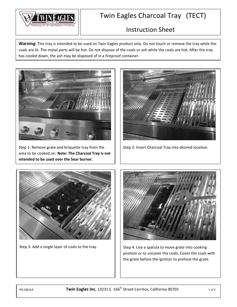 Twin Eagles Charcoal Tray (TECT) User Manual | 2 pages