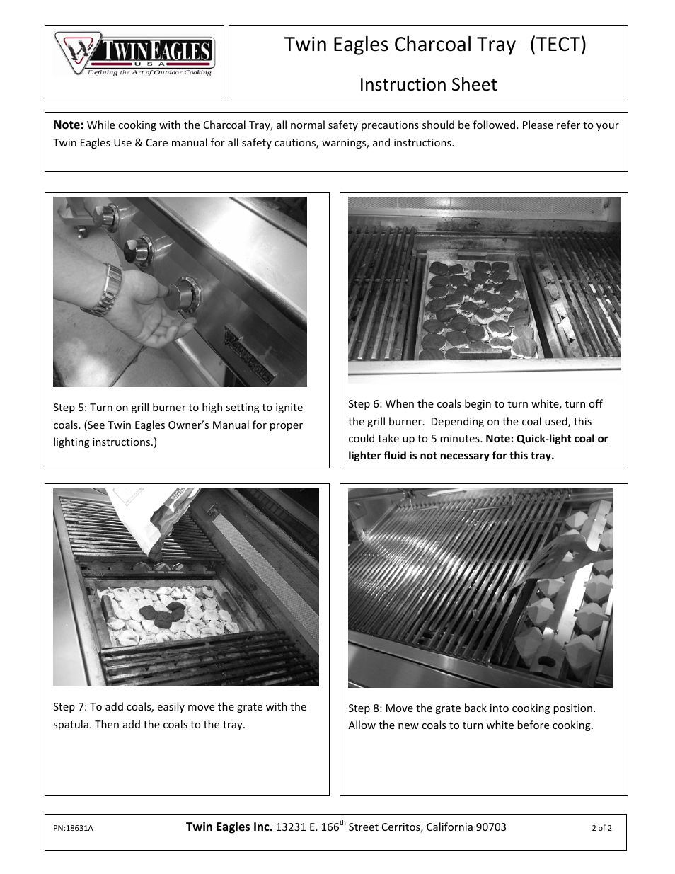 Twin eagles charcoal tray, Tect), Instruction sheet | Twin Eagles Charcoal Tray (TECT) User Manual | Page 2 / 2