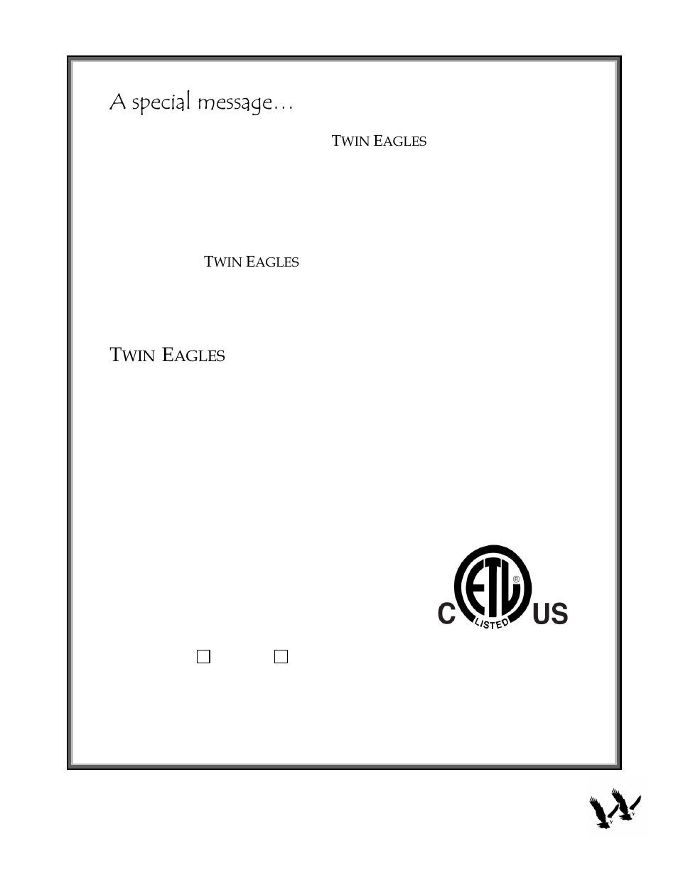 A special message | Twin Eagles TEGH48 User Manual | Page 2 / 25