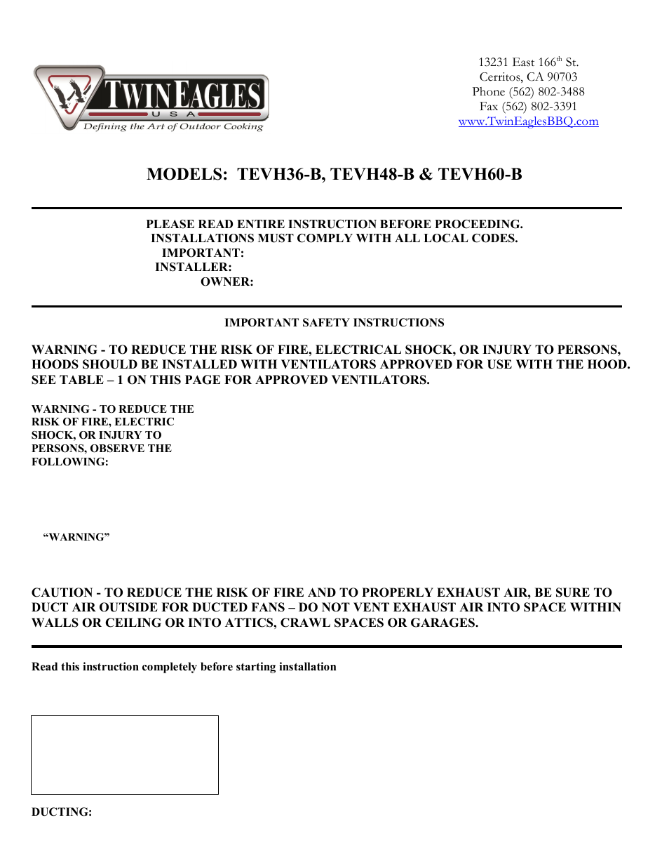 Twin Eagles TEVH60-B User Manual | 8 pages