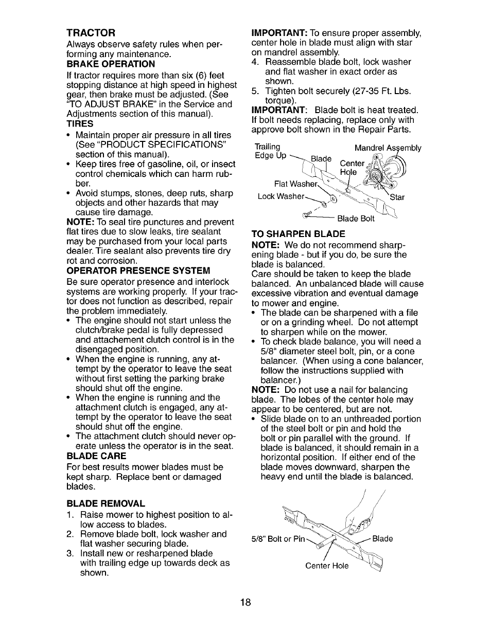 Tractor, Operator presence system, Blade care | Blade removal | Craftsman 917.273770 User Manual | Page 18 / 56