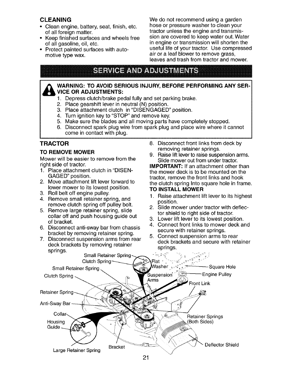 Cleaning, Tractor, To remove mower | To install mower | Craftsman 917.273770 User Manual | Page 21 / 56