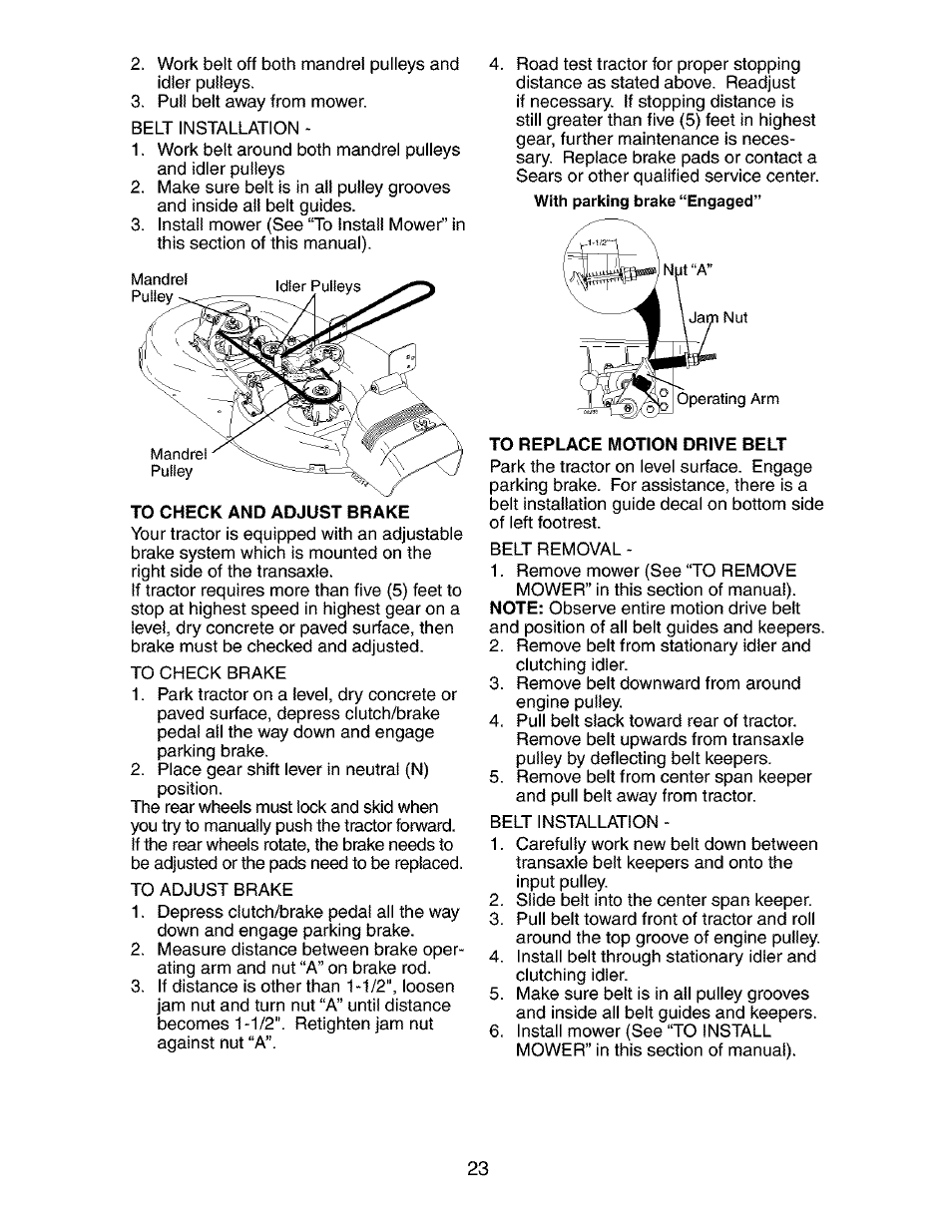 To check and adjust brake, To replace motion drive belt | Craftsman 917.273770 User Manual | Page 23 / 56