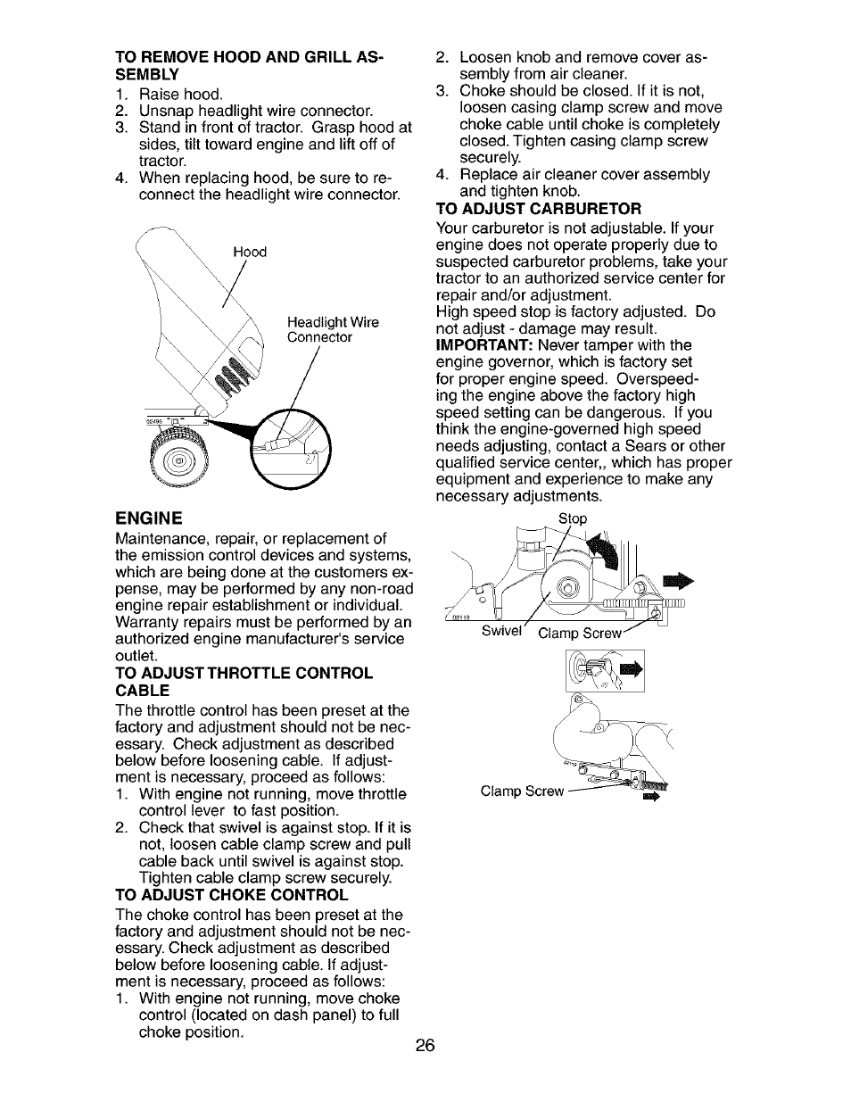 To remove hood and grill assembly, Engine, To adjust throttle control cable | To adjust carburetor | Craftsman 917.273770 User Manual | Page 26 / 56