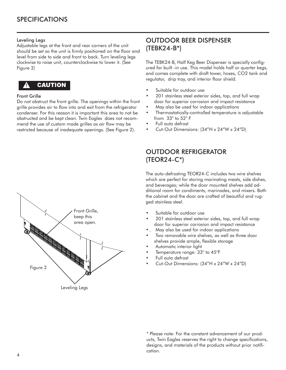 Specifications outdoor refrigerator (teor24-c*), Outdoor beer dispenser (tebk24-b*) | Twin Eagles TEOR24-C User Manual | Page 4 / 12