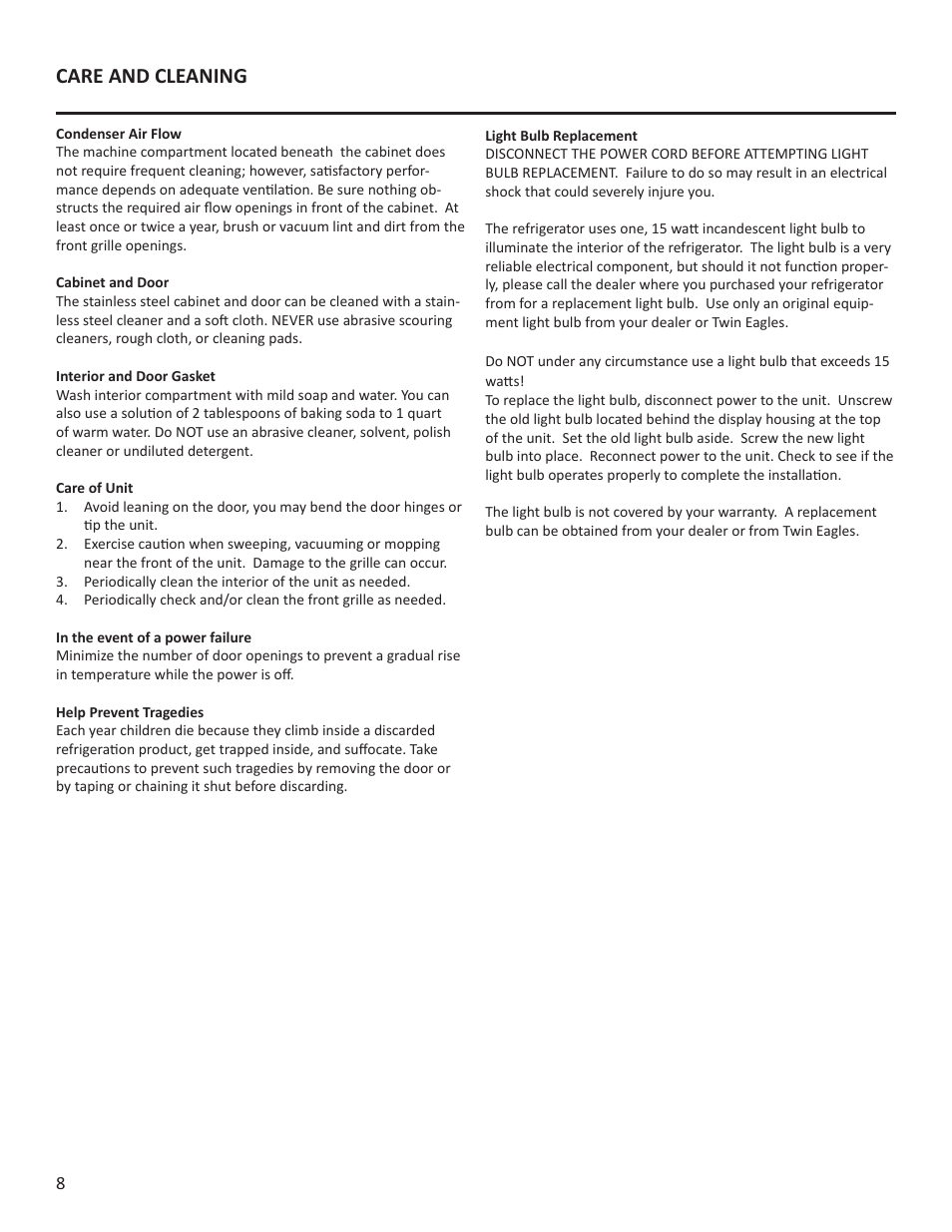 Care and cleaning | Twin Eagles TEOR24-C User Manual | Page 8 / 12