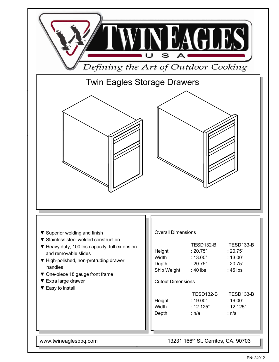 Twin Eagles TESD133-B User Manual | 1 page