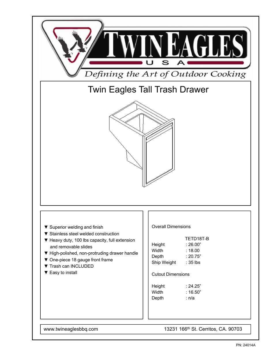 24014a tetd18t-b, Twin eagles tall trash drawer, Tetd18t-b | Twin Eagles TETD18T-B User Manual | Page 2 / 2