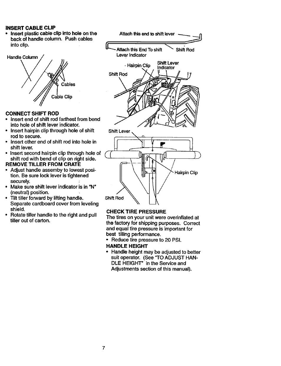 Insert cable clip, Connect shift rod, Remove tiller from crate | Check tire pressure | Craftsman 917.293310 User Manual | Page 7 / 36