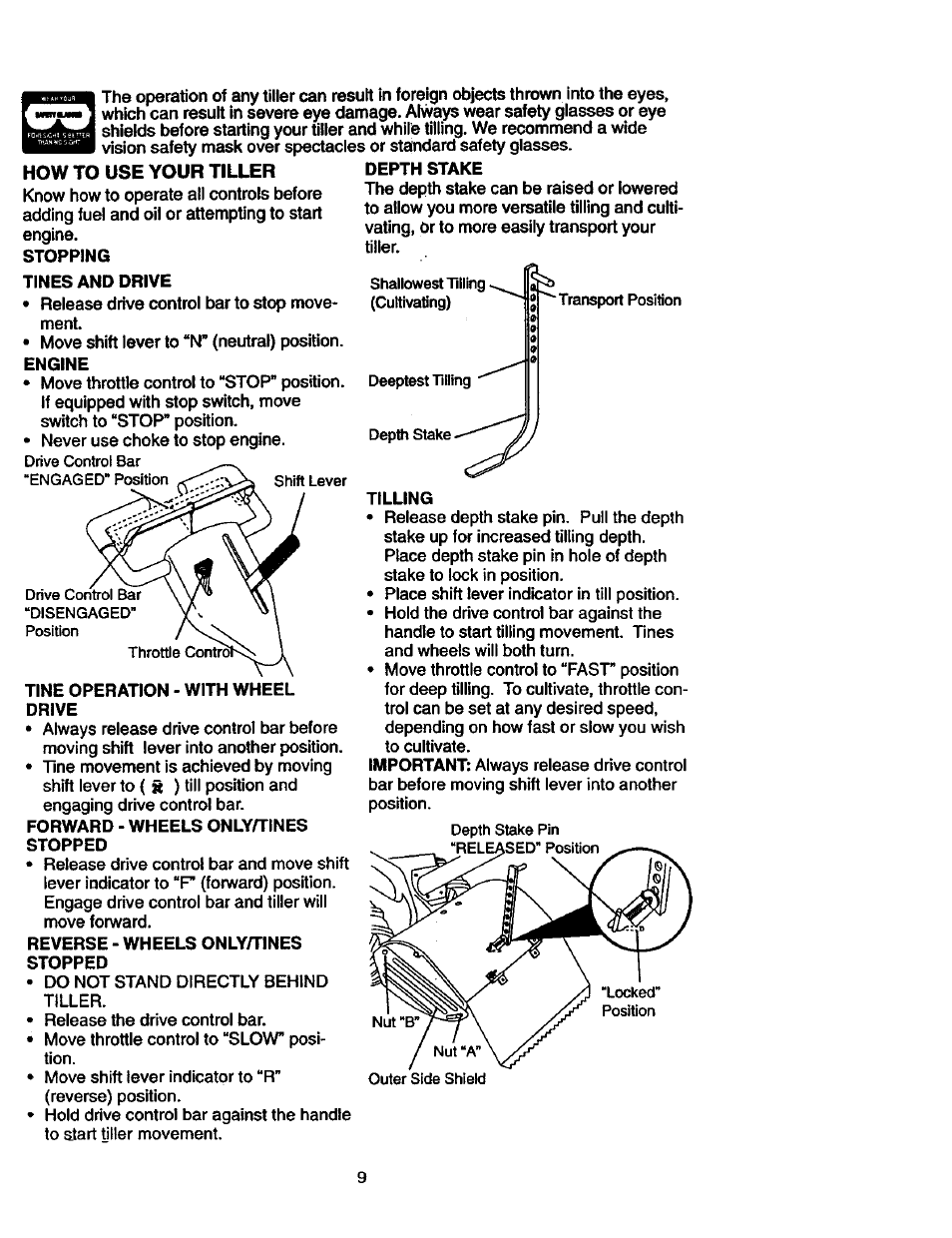 Tine operation - with wheel, Drive, Forward - wheels only/tines | Stopped, Reverse - wheels only/tines | Craftsman 917.293310 User Manual | Page 9 / 36