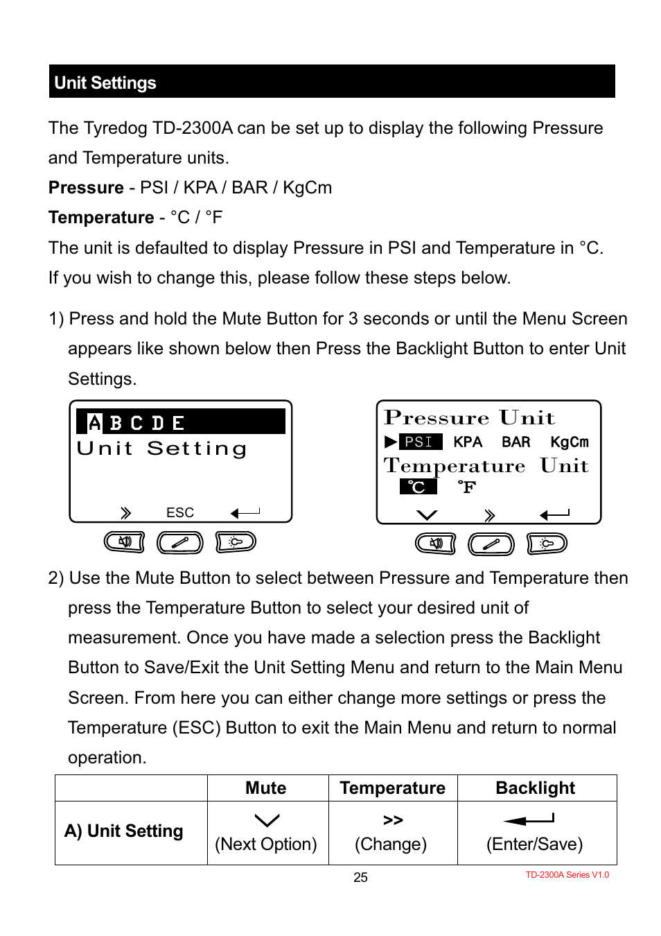 Pressure unit temperature unit | TYREDOG TD-2300A-X10 User Manual | Page 27 / 56