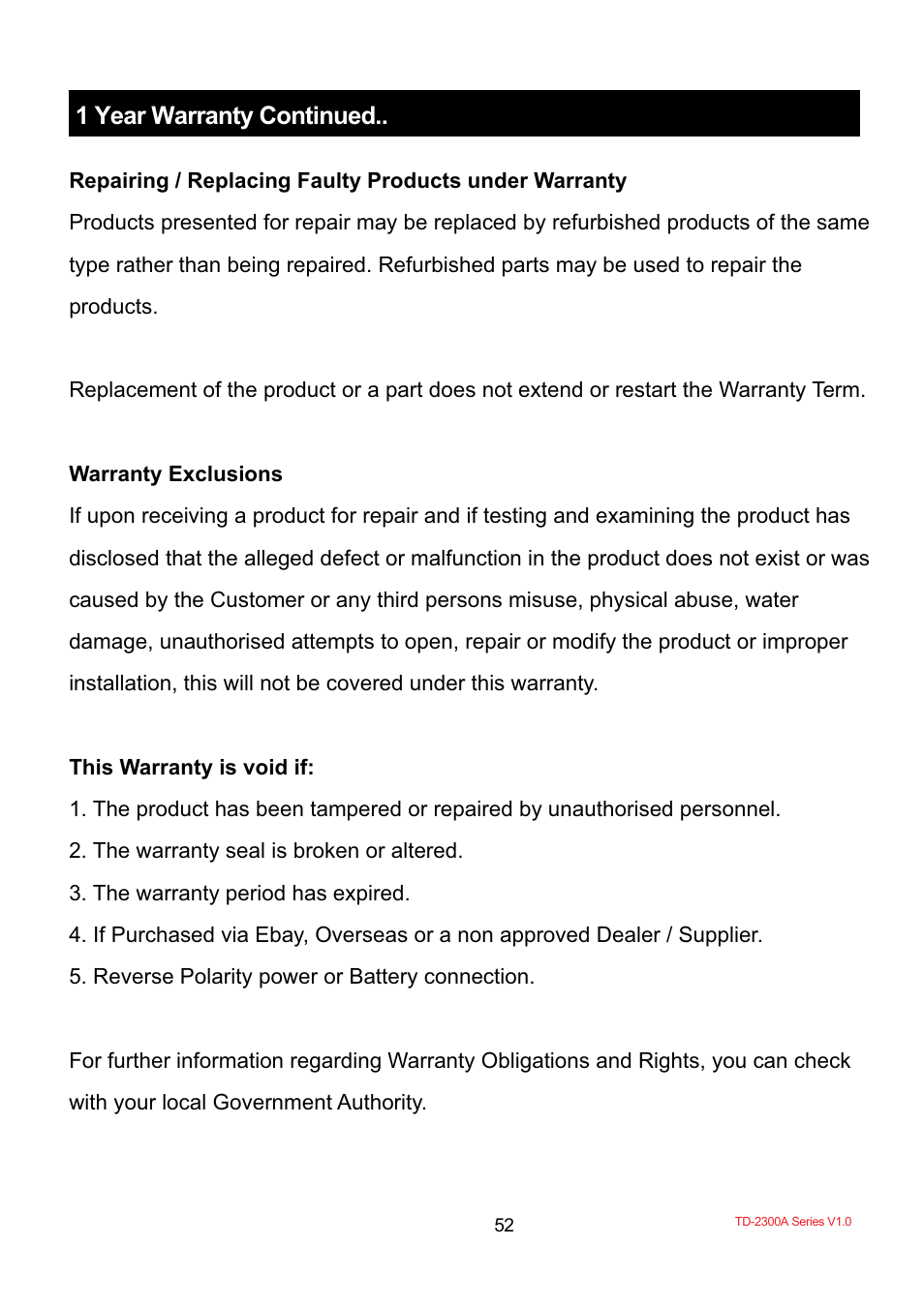 1 year warranty continued | TYREDOG TD-2300A-X10 User Manual | Page 54 / 56