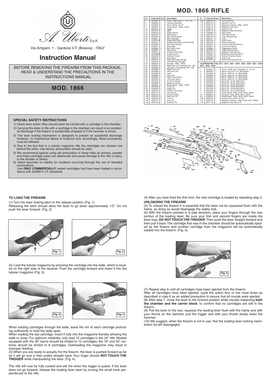 Uberti 1866 Yellowboy Rifle User Manual | 1 page