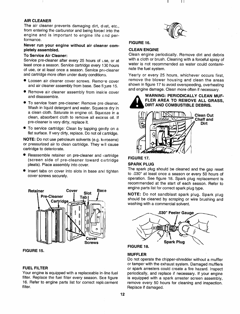 Air cleaner, Fuel filter, Figure 16 | Clean engine, Spark plug, Muffler | Craftsman 247.795950 User Manual | Page 12 / 24