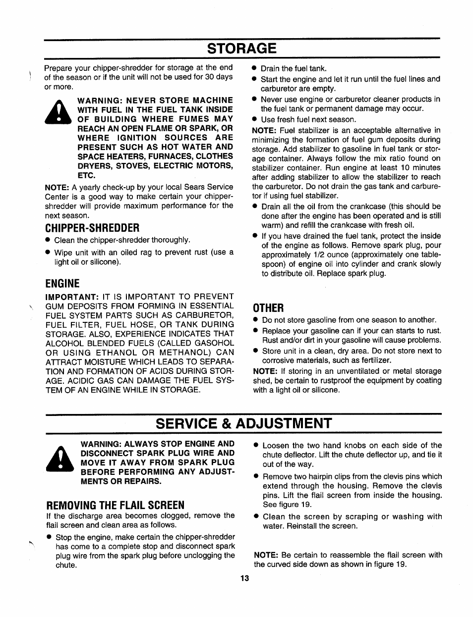 Storage, Service & adjustment | Craftsman 247.795950 User Manual | Page 13 / 24