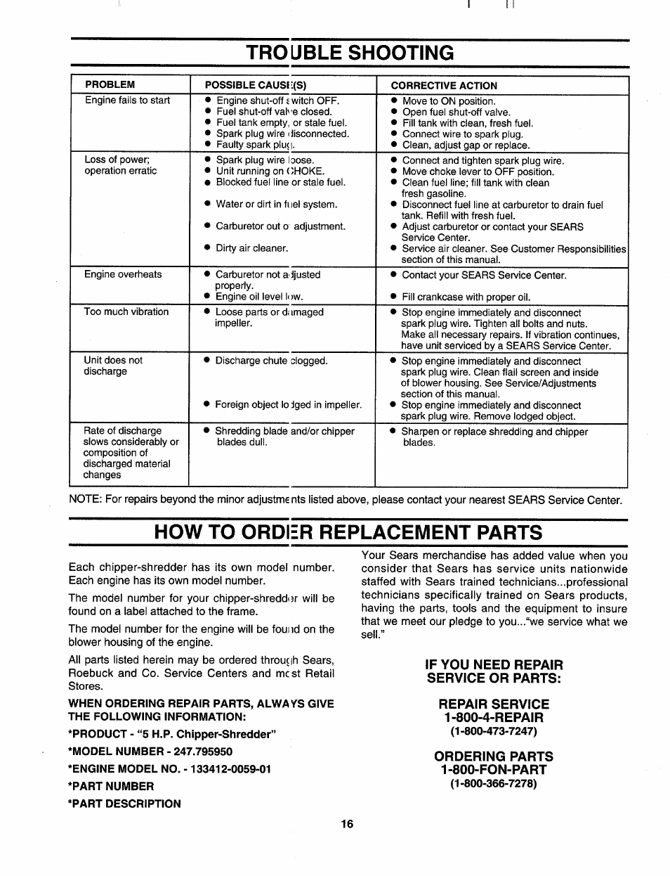 Trouble shooting, How to order replacement parts | Craftsman 247.795950 User Manual | Page 16 / 24