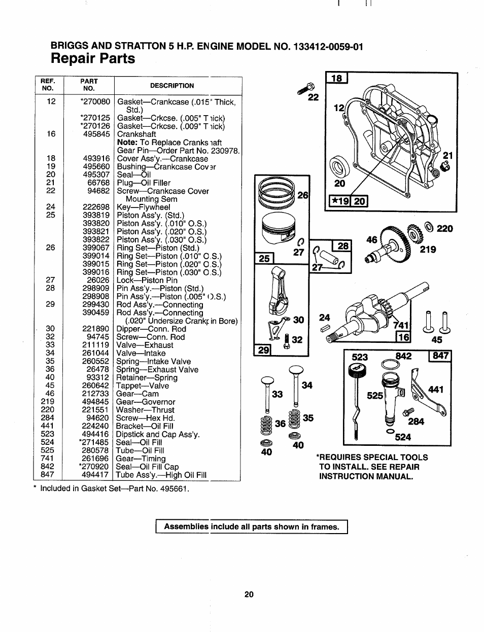 Assemblies include all parts shown in frames, Repair parts | Craftsman 247.795950 User Manual | Page 20 / 24