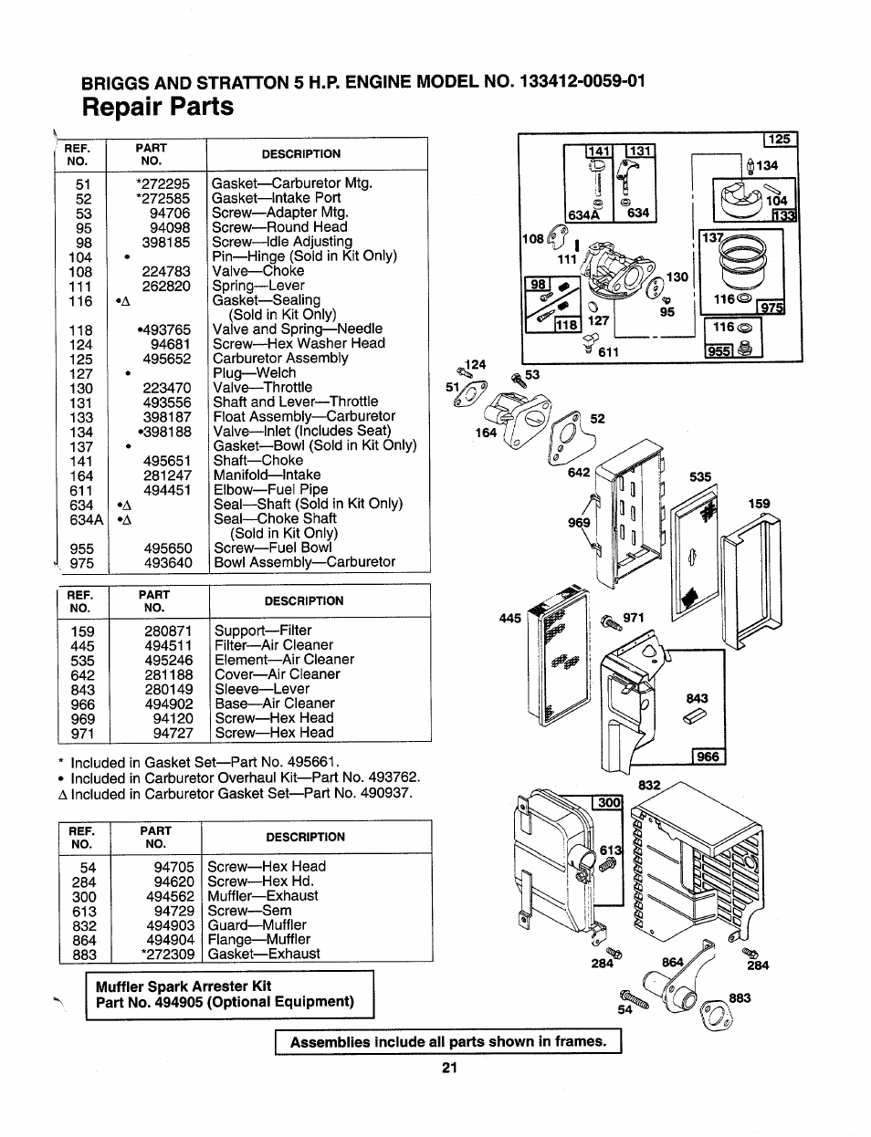 Assemblies include all parts shown in frames, 21, Repair parts | Craftsman 247.795950 User Manual | Page 21 / 24