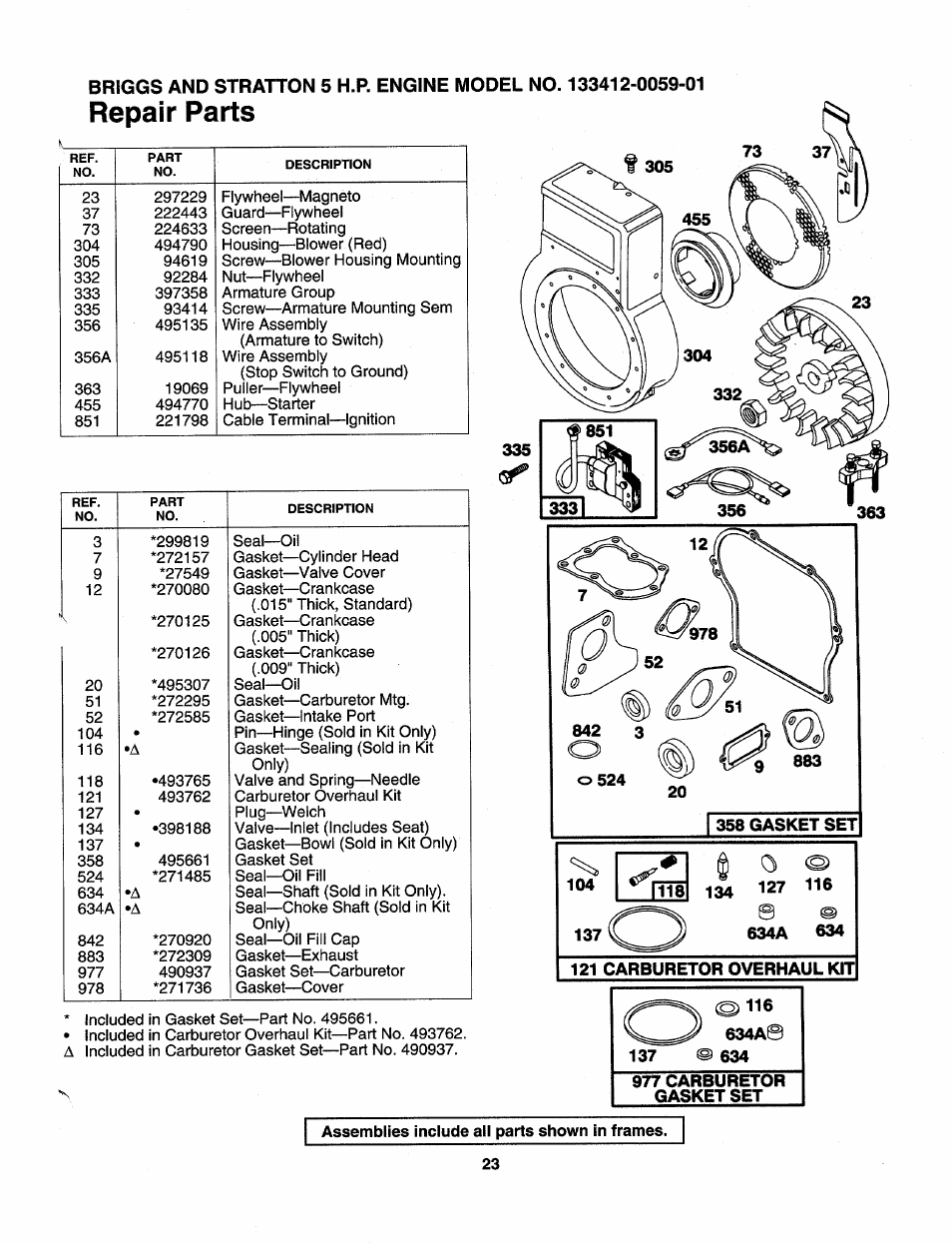 977 carburetor gasket set, Repair parts | Craftsman 247.795950 User Manual | Page 23 / 24