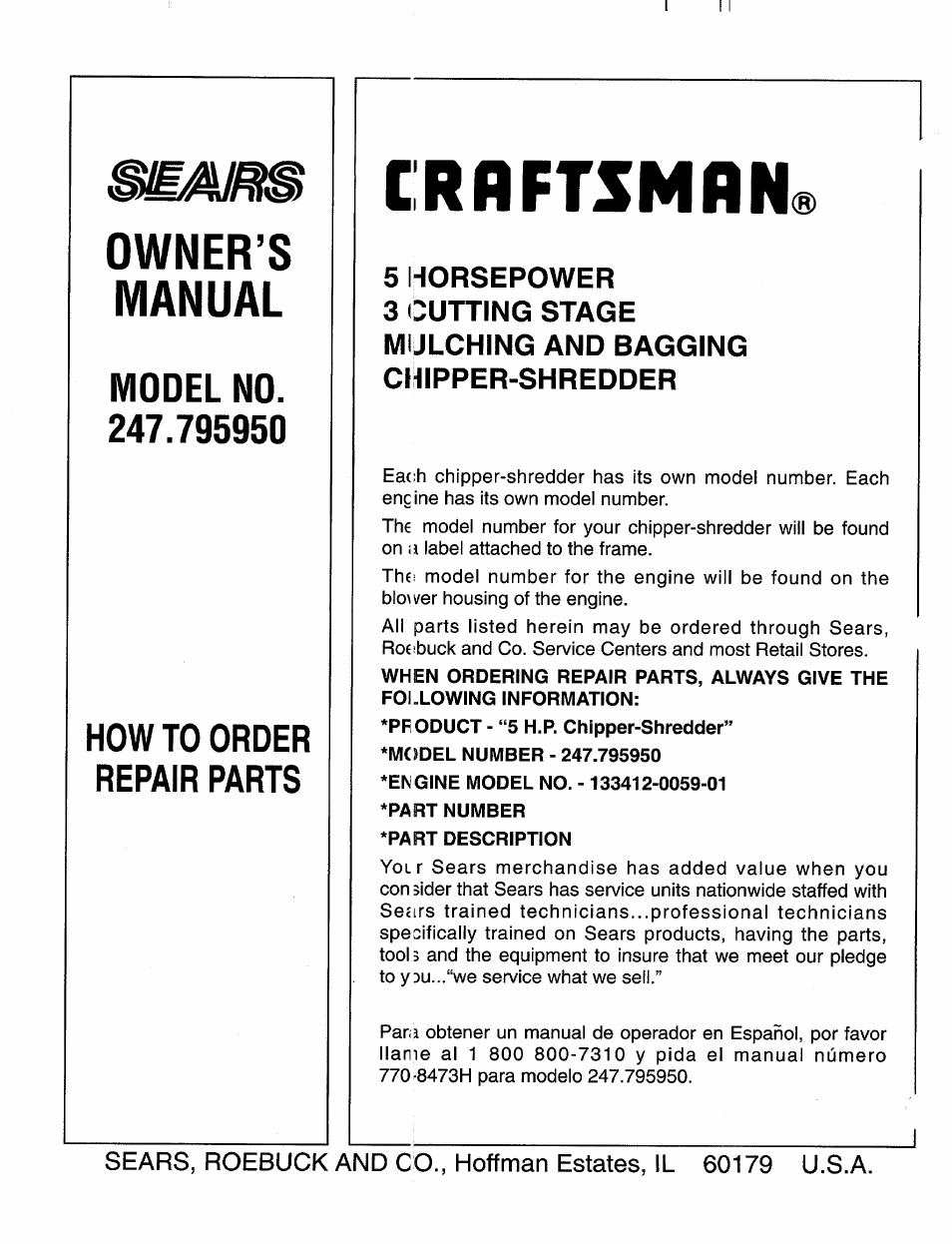 Owner’s manual, Model no, How to order repair parts | Craftsman 247.795950 User Manual | Page 24 / 24