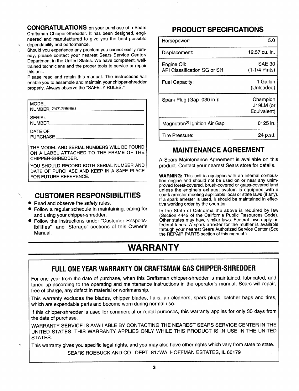 Product specifications, Customer responsibilities, Maintenance agreement | Warranty | Craftsman 247.795950 User Manual | Page 3 / 24