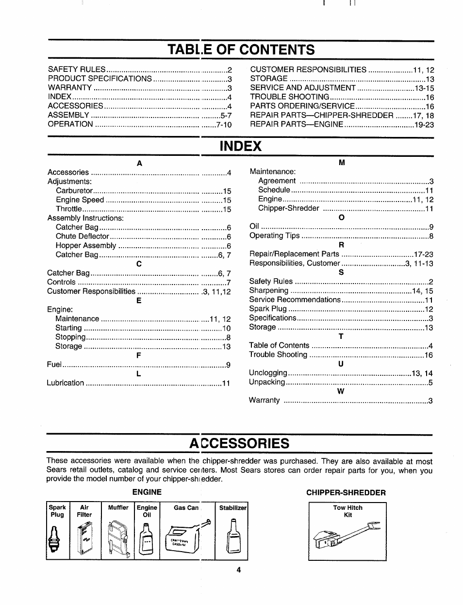 Tabl.e of contents, Index, Accessories | Craftsman 247.795950 User Manual | Page 4 / 24