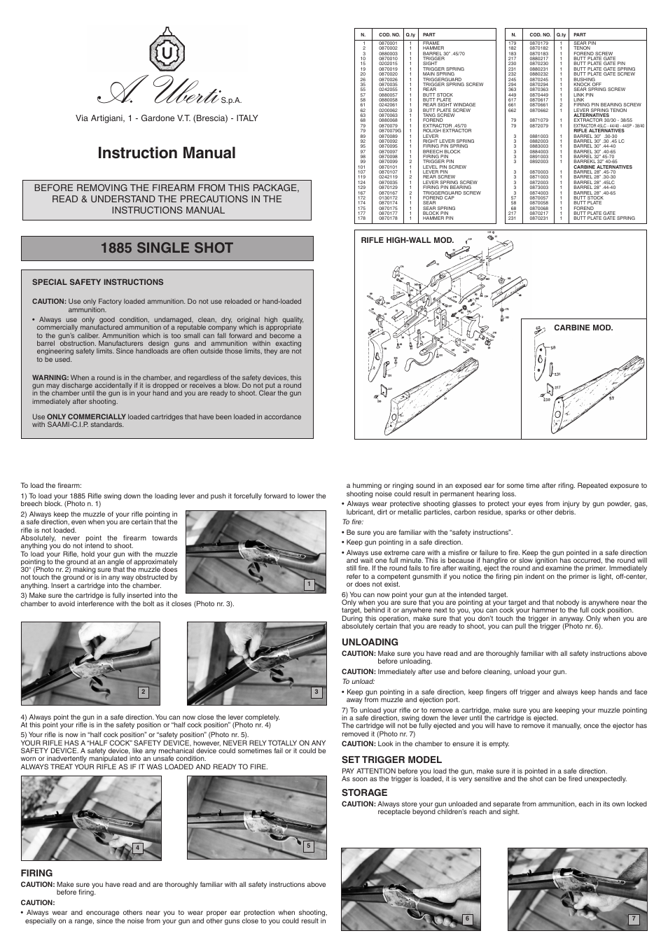 Uberti 1885 High Wall Rifle User Manual | 1 page