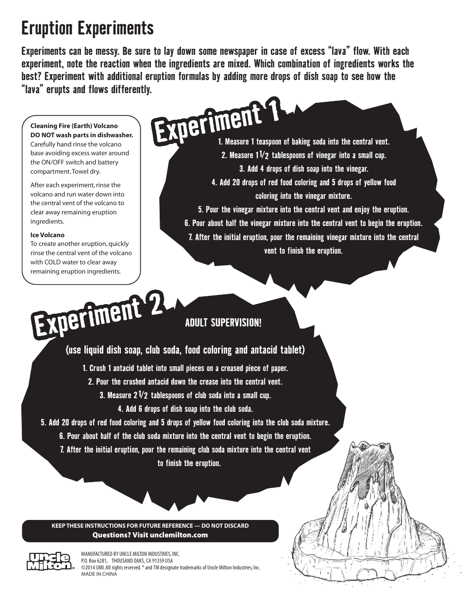 Experimen t 1, Experimen t 2, Eruption experiments | Uncle Milton Fire and Ice Prehistoric Volcano User Manual | Page 2 / 2