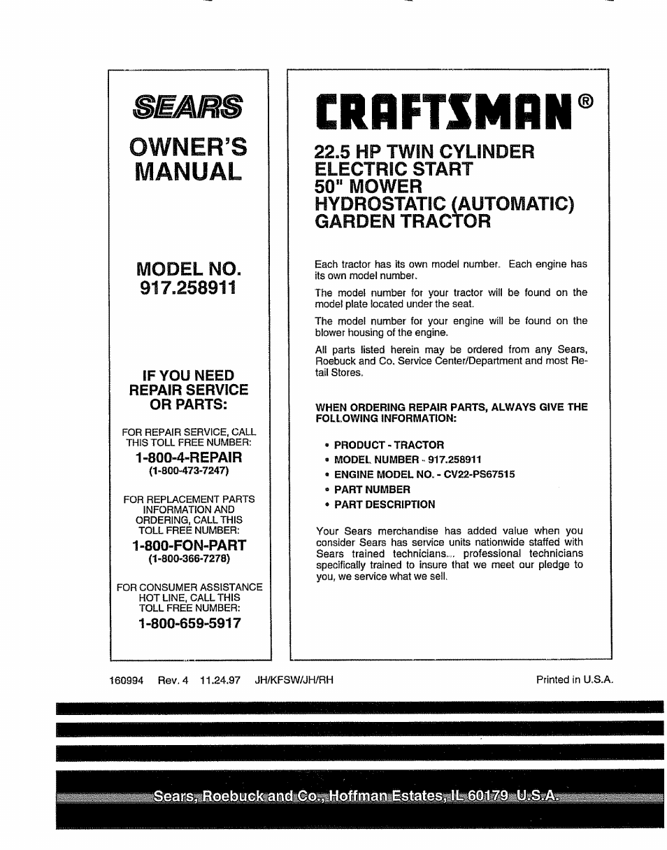 Crrftsmrn, Owner’s, Manual | Electric start, Model no, 5 hp twin cylinder, 50" mower hydrostatic (automatic) garden tractor | Craftsman 917.258911 User Manual | Page 60 / 60
