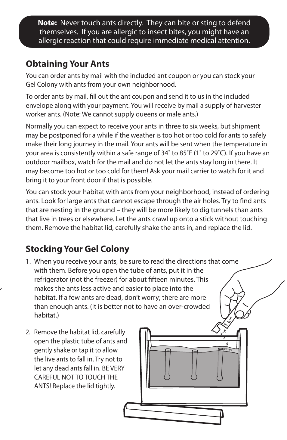 Obtaining your ants, Stocking your gel colony | Uncle Milton Ant Farm Gel Colony User Manual | Page 3 / 6