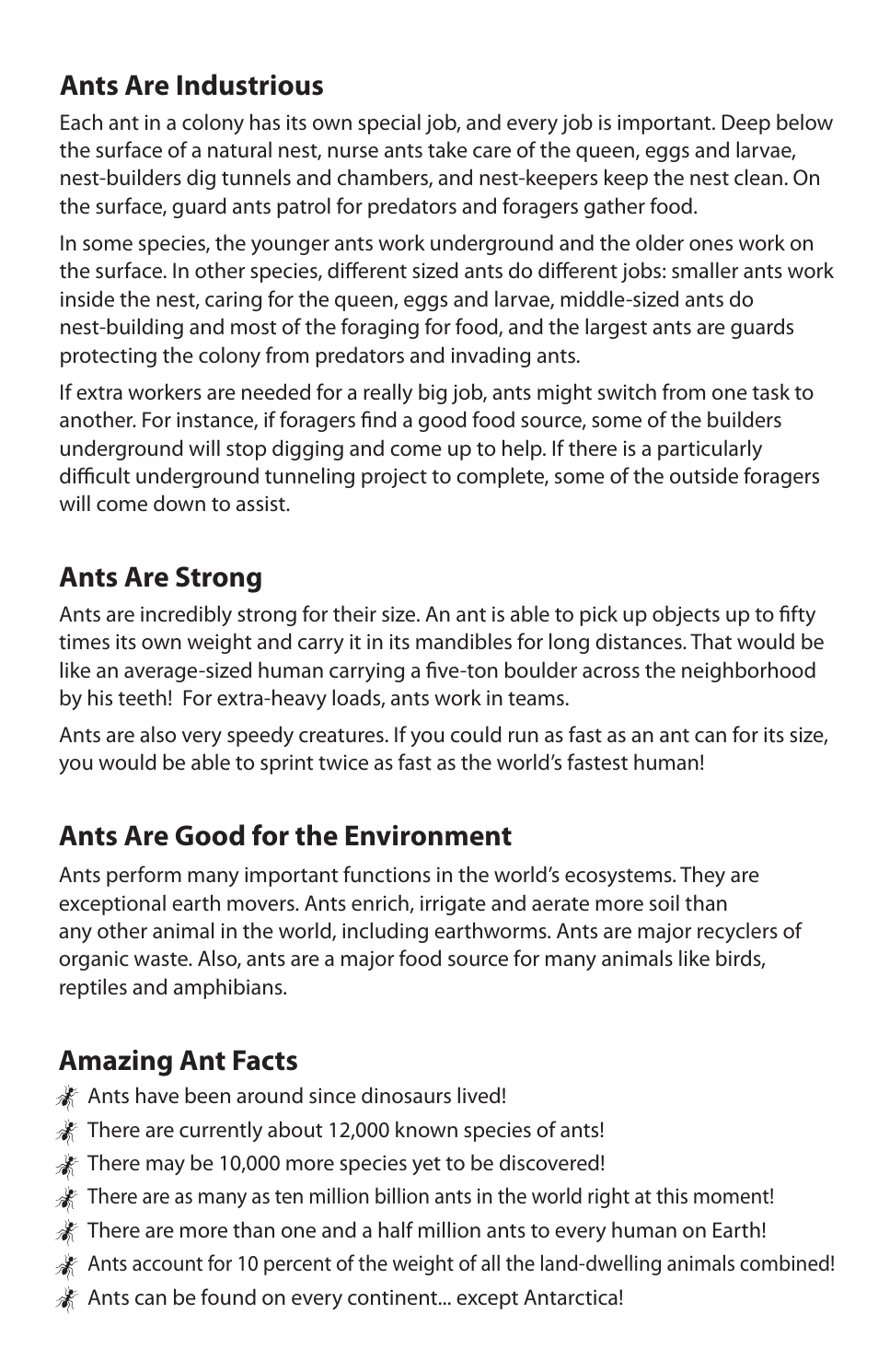 Ants are industrious, Ants are strong, Ants are good for the environment | Amazing ant facts | Uncle Milton Ant Farm Gel Colony User Manual | Page 5 / 6