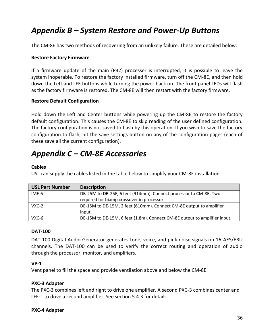 Appendix b – system restore and power-up buttons, Appendix c – cm-8e accessories | USL CM-8E User Manual | Page 36 / 40