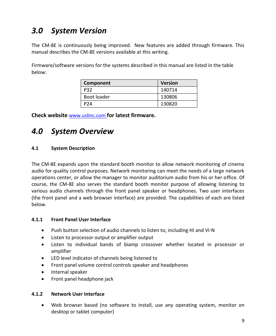 0 system version, 0 system overview | USL CM-8E User Manual | Page 9 / 40