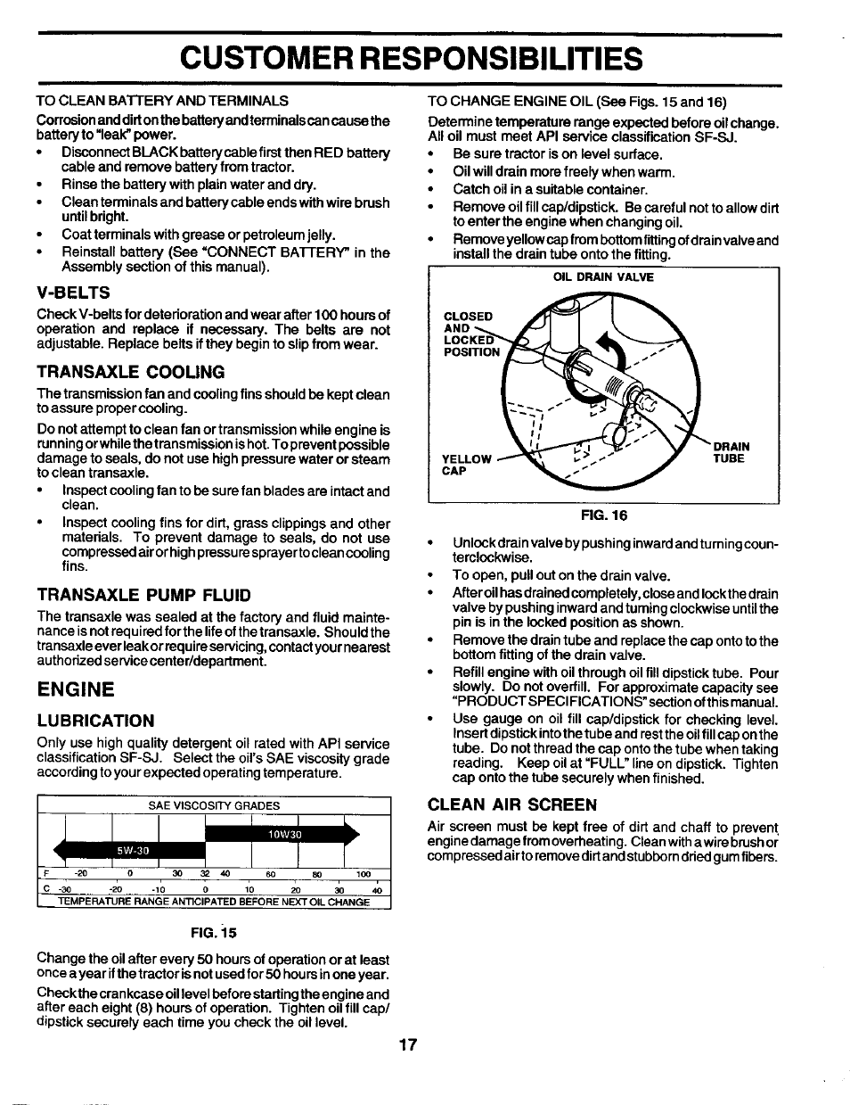 V-belts, Transaxle cooling, Transaxle pump fluid | Engine, Lubrication, Clean air screen, Customer responsibilities | Craftsman 944.602951 User Manual | Page 17 / 56