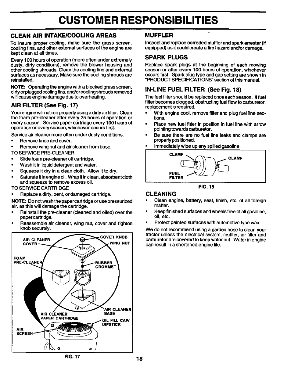 Clean air intake/cooling areas, Air filter (see fig. 17), Muffler | Spark plugs, In-line fuel filter (see fig. 18), Cleaning, Customer responsibilities | Craftsman 944.602951 User Manual | Page 18 / 56