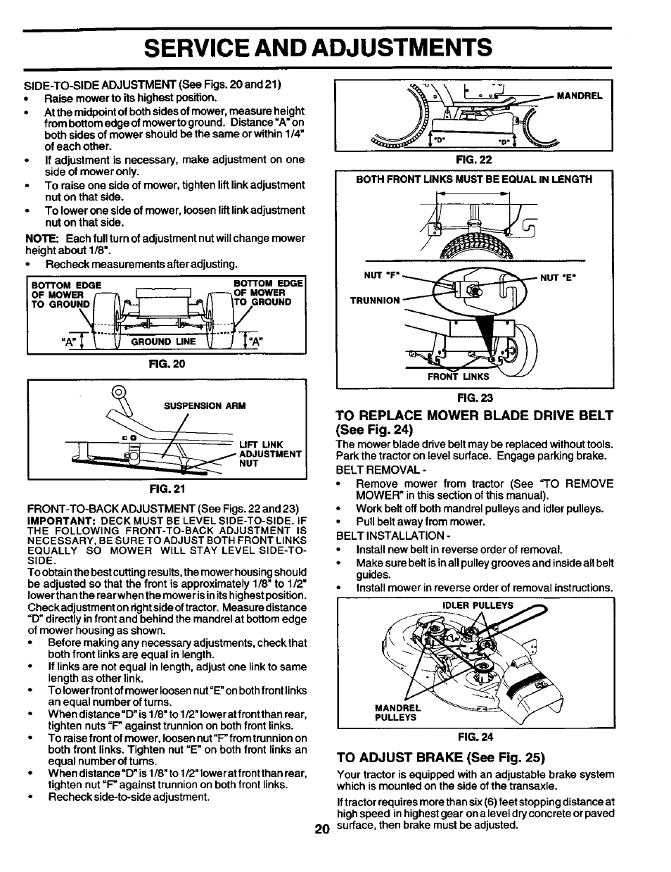 To replace mower blade drive belt (see fig. 24), To adjust brake (see fig. 25), Service and adjustments | Craftsman 944.602951 User Manual | Page 20 / 56